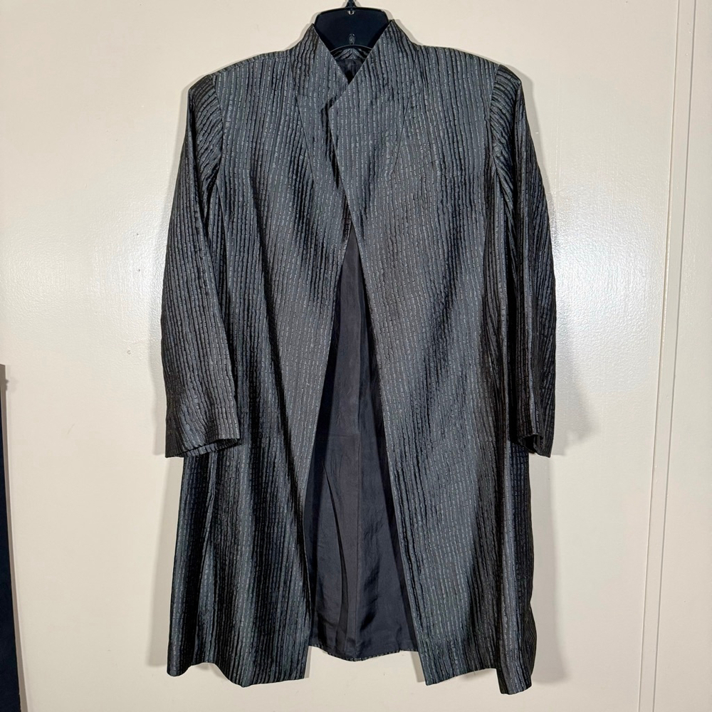 Eileen Fisher Bark Silk Groove Open Long Swing Coat Pockets $298 Small